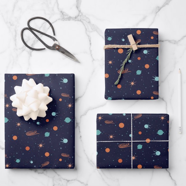 Feuille De Papier Cadeau Enfants Espace Profond Tir Stars Planètes Trous No (Recto)
