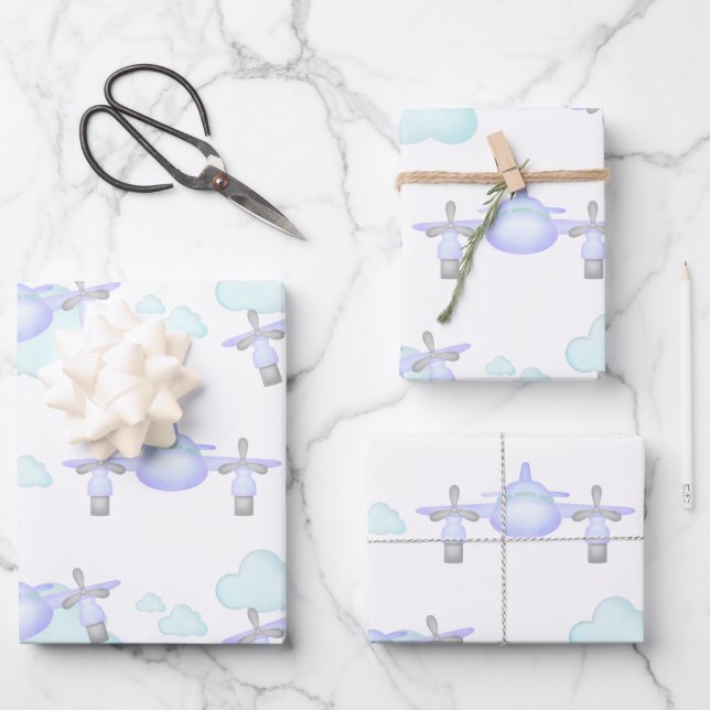 Feuille De Papier Cadeau Enfants Lilac Avion Volant Aviation Anniversaire (Recto)