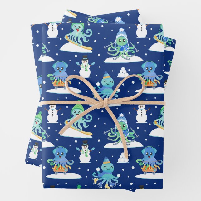 Feuille De Papier Cadeau Enfants Octopus Sports d'hiver Amusants Enveloppem (En situation)