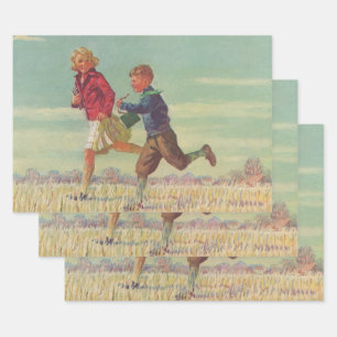 Feuille De Papier Cadeau Enfants vintage courant à l'école portant des livr