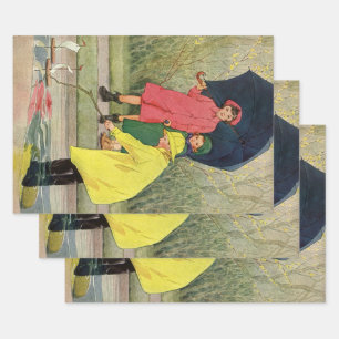 Feuille De Papier Cadeau Enfants vintages Jouant Puddles Toy Boats Pluie