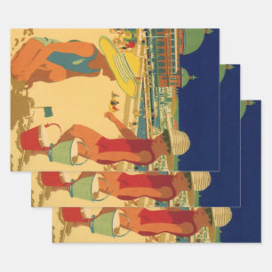 Feuille De Papier Cadeau Enfants vintages, Soeurs Famille Vacances à la Pla