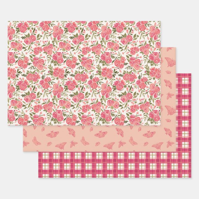 Feuille De Papier Cadeau Ensemble cadeau Rose moderne de jardin (Lot)