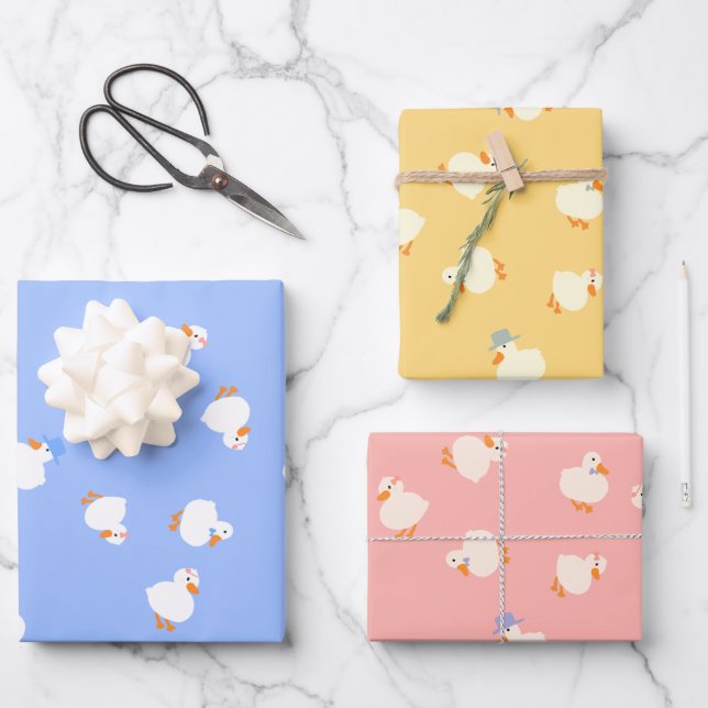 Feuille De Papier Cadeau Ensemble de 3 Canards Mignons pour Baby Shower (Recto)