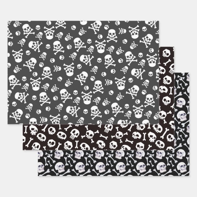 Feuille De Papier Cadeau Ensemble de 3 crânes et croisés blancs (Lot)