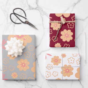 Feuille De Papier Cadeau Ensemble de 3 fleurs rétro uniques