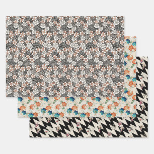 Feuille De Papier Cadeau Ensemble de 3 motifs japonais vintages