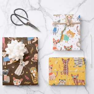 Feuille De Papier Cadeau Ensemble de 3 papiers d'emballage de chats mignons