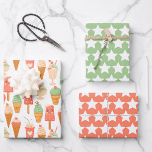 Feuille De Papier Cadeau Ensemble de 3 papiers d'emballage Ice Cream Stars