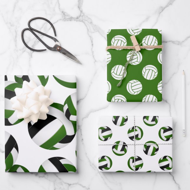 Feuille De Papier Cadeau ensemble de 3 volleyballs verts noirs coordonnés (Recto)
