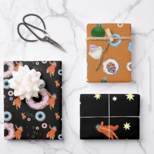 Feuille De Papier Cadeau Ensemble de Noël - chats, donuts, ratons laveurs, 