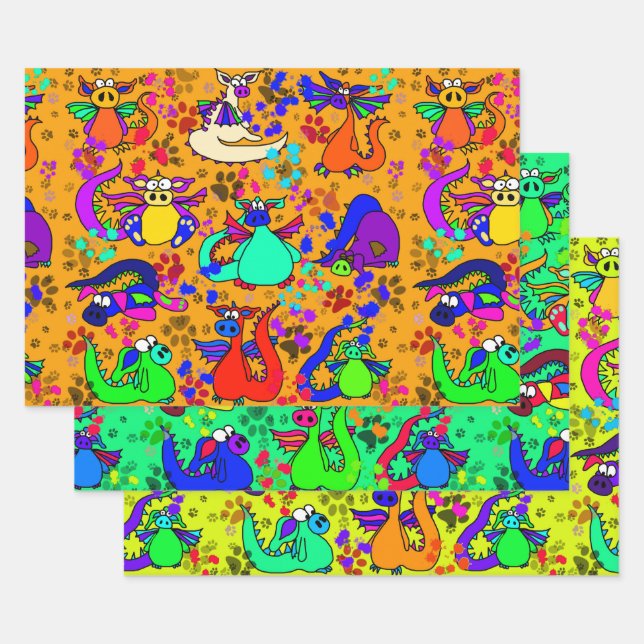 Feuille De Papier Cadeau Ensemble d'enveloppes cadeaux de dragon coloré (Lot)