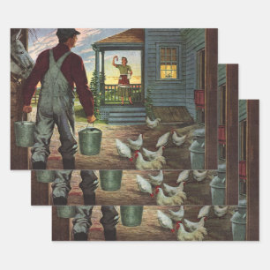 Feuille De Papier Cadeau Entreprise vintage, ferme avec fermier et poulet
