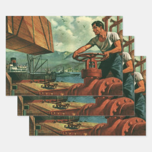 Feuille De Papier Cadeau Entreprise Vintage, navire pétrolier avec travaill