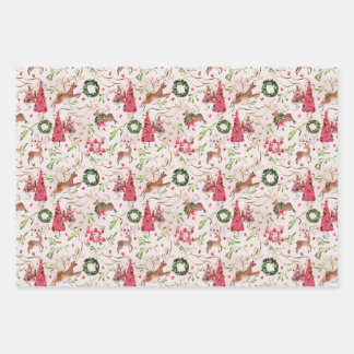 Feuille De Papier Cadeau Enveloppe cadeau de la forêt de Noël rose, jeu de