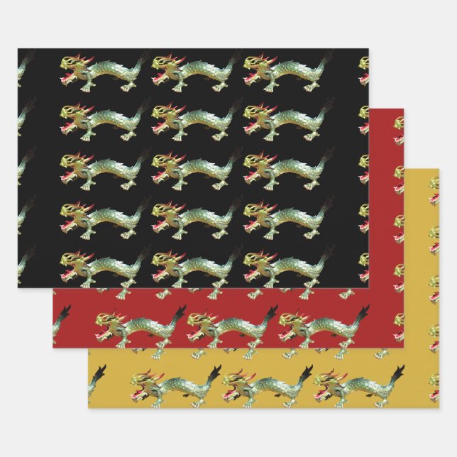 Feuille De Papier Cadeau Enveloppe cadeau - Dragons chinois sur trois coule (Lot)
