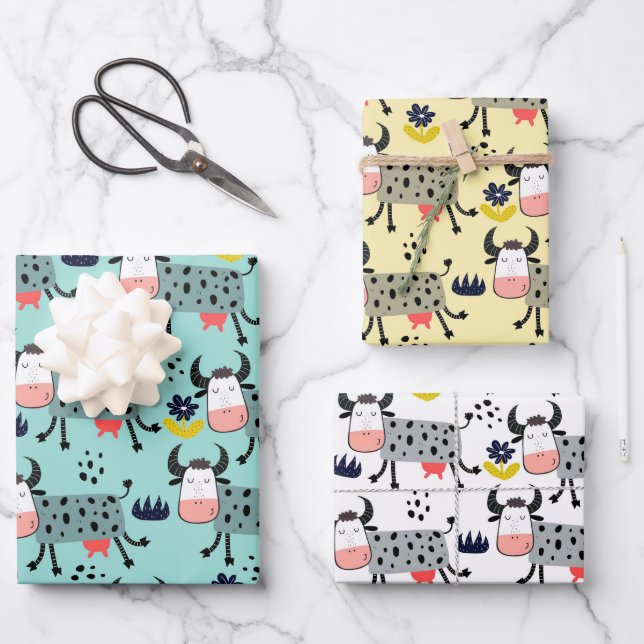 Feuille De Papier Cadeau Enveloppement amusant des vaches de ferme ensemble (Recto)