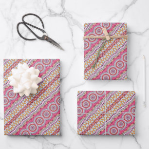 Feuille De Papier Cadeau Enveloppement Mandala en cercle rose jaune et blan