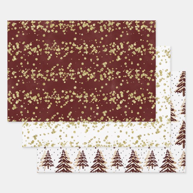 Feuille De Papier Cadeau Éperche de vacances - Elégante Bourgogne, Or & Bla (Lot)