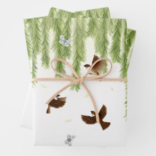 Feuille De Papier Cadeau Éperviers et papillons sous un saule qui pleut