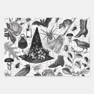 Feuille De Papier Cadeau Ephémère d'Halloween florale sorcière vintage