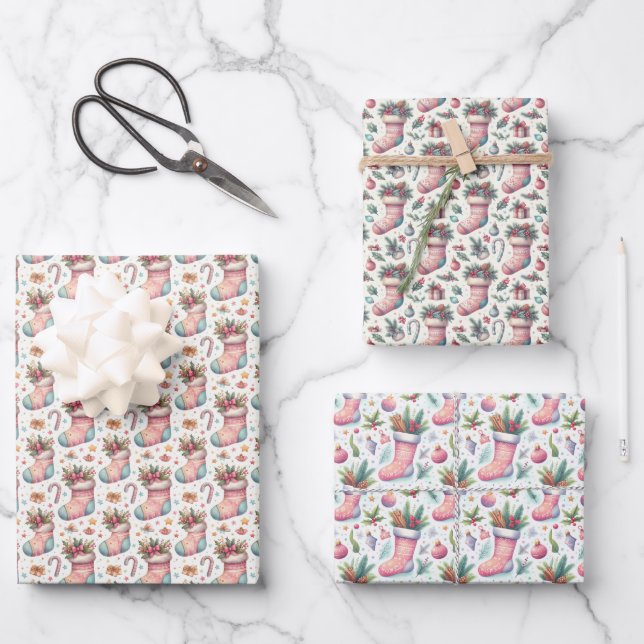 Feuille De Papier Cadeau Épreuve de Noël rose blanc et bleu (Recto)