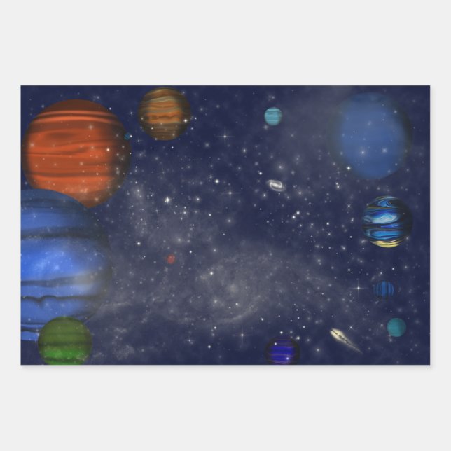 Feuille De Papier Cadeau Espace extra-atmosphérique avec planètes et galaxi (Devant 3)
