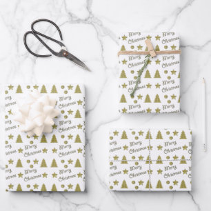 Feuille De Papier Cadeau Esprit de Noël - étoiles d'or, arbres de Noël