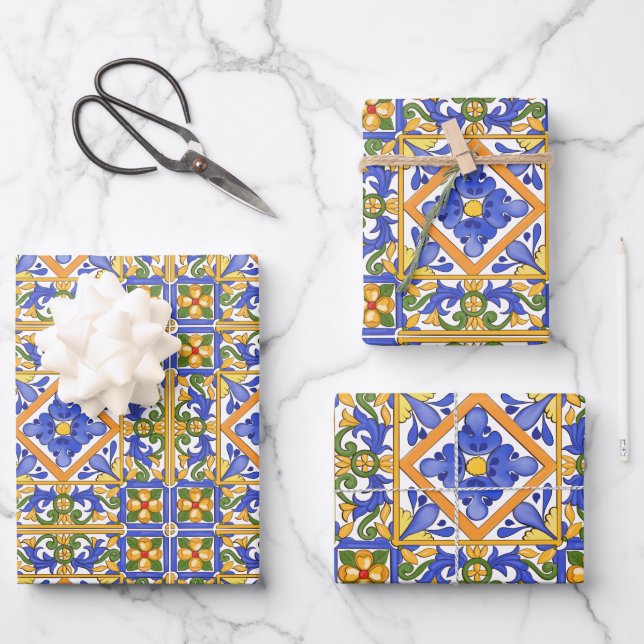 Feuille De Papier Cadeau Été, Carreaux portugais, agrumes, citrons  (Recto)