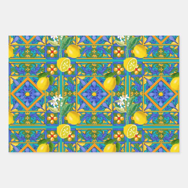 Feuille De Papier Cadeau Été, Carreaux siciliens, agrumes, oranges, majolic (Devant)