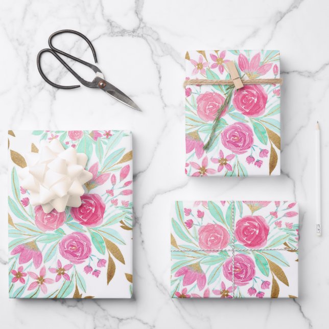 Feuille De Papier Cadeau Eté rose or Turquoise Aquarelle Fleurs Motif (Recto)