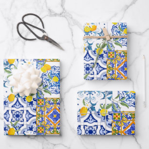 Feuille De Papier Cadeau Été, tuiles portugaises, agrumes, citrons Méditerr