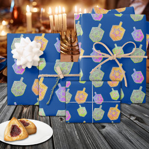 Feuille De Papier Cadeau Étoile brillante et colorée Dreidels Hannukah