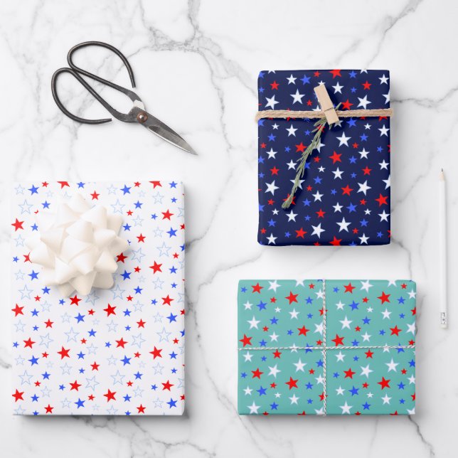 Feuille De Papier Cadeau Étoiles Bleu Rouge Blanc (Recto)