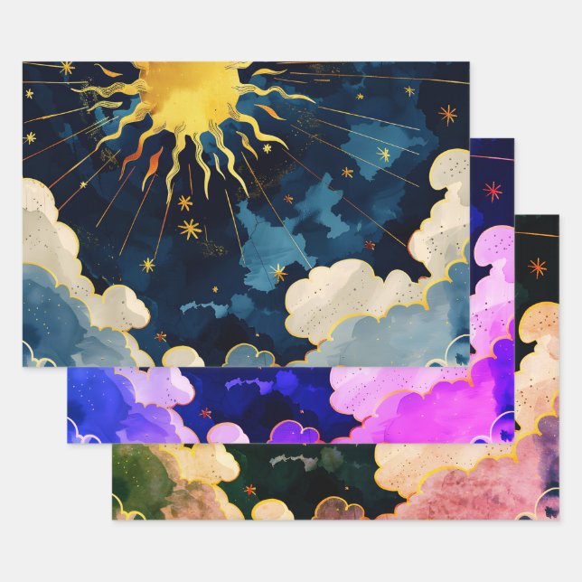 Feuille De Papier Cadeau Étoiles célestes et nuages bleus modernes (Lot)