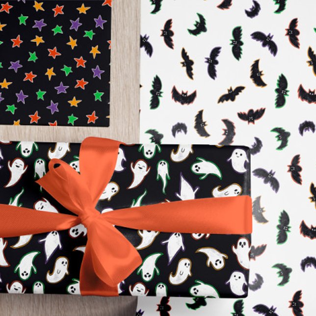 Feuille De Papier Cadeau Étoiles de chauves-souris fantômes Motifs d'Hallow (Créateur téléchargé)