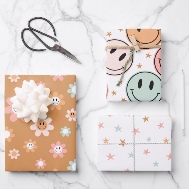 Feuille De Papier Cadeau Étoiles de marguerite rétro de Kawaii (Recto)