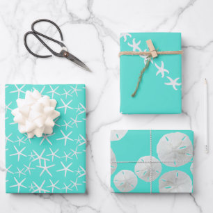 Feuille De Papier Cadeau Étoiles de mer turquoise Dollars de sable