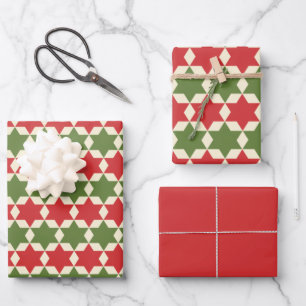 Feuille De Papier Cadeau Étoiles de Noël en rouge rétro, vert olive et crèm