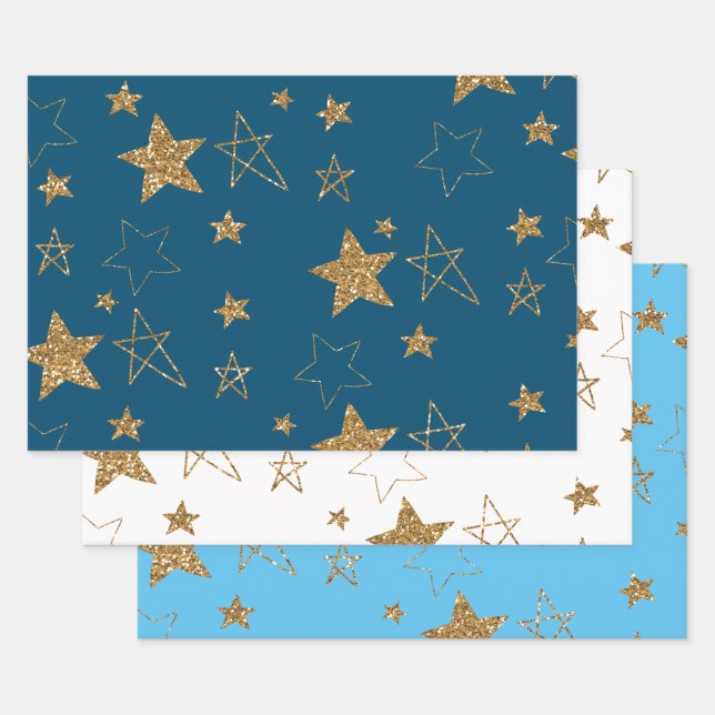 Feuille De Papier Cadeau Étoiles de Parties scintillant en or bleu (Lot)