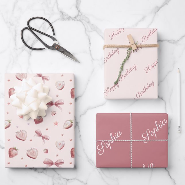 Feuille De Papier Cadeau Étoiles de ruban rose fraise Coeurs (Recto)