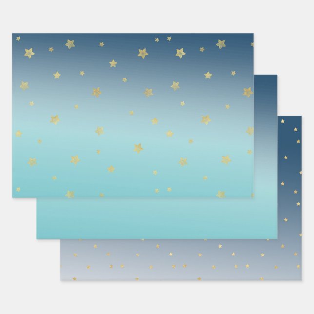 Feuille De Papier Cadeau Etoiles d'or bleu Aqua (Lot)
