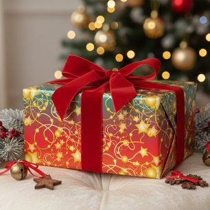 Feuille De Papier Cadeau Étoiles et cordes d'or sur Ombre rouge/orange/vert
