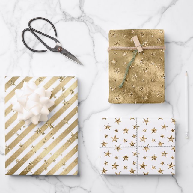 Feuille De Papier Cadeau Etoiles et rayures blanches d'or (Recto)
