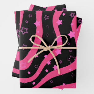 Feuille De Papier Cadeau Étoiles noires et roses sur lignes élégant design 