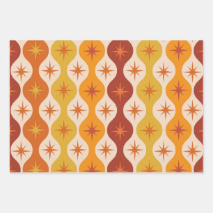 Feuille De Papier Cadeau Étoiles orange du milieu du siècle sur motif ogee