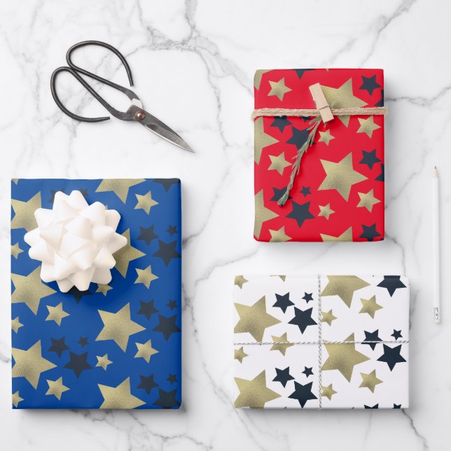 Feuille De Papier Cadeau Étoiles patriotiques Faux Foil Motif (Recto)