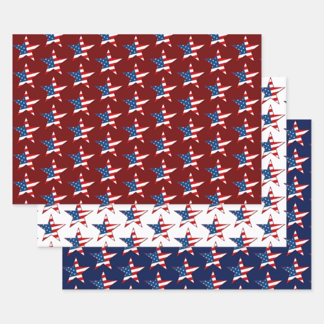 Feuille De Papier Cadeau Étoiles patriotiques rouges blanches et bleues (Lot)