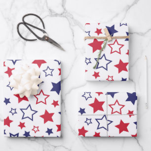 Feuille De Papier Cadeau Étoiles rouges et bleues, 4 juillet, fond blanc