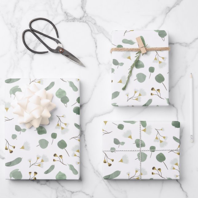 Feuille De Papier Cadeau Eucalyptus Vert Argent Dollar Gum Blossoms (Recto)